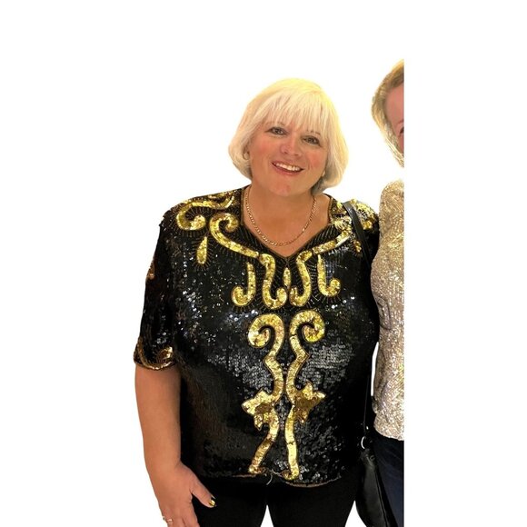 Vintage Royal Feelings Sequin Top Gold Black 4X 100% Silk Short Sleeve 1970's - Picture 1 of 6